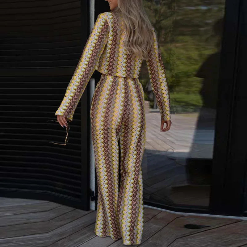 Striped Crochet Hook O Neck Top Pullover And High Waist Pants