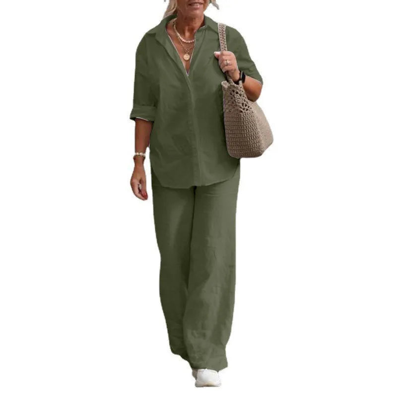 Cotton Linen Long Sleeve Blouse Shirts & High Elastic Wide Leg Trousers Suits