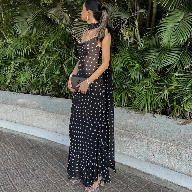 Polka Dot Long Scarf Ribbon Ruffle Halter Pleated Dress