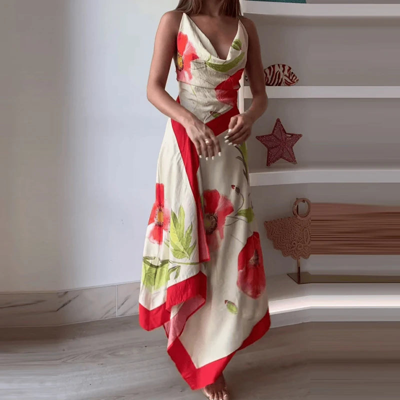 V- Neck Irregular Backless Halter Dress