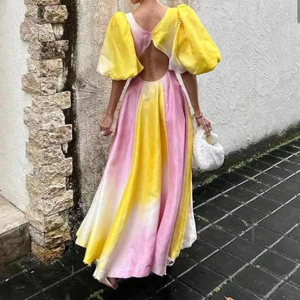 Vintage Lantern Short Sleeve Dress Long Maxi Rainbow V-neck Button