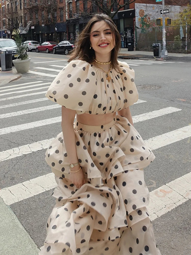 Dot Pleated Chic Puff Sleeve O-neck Crop Top High Waist Long Skirt