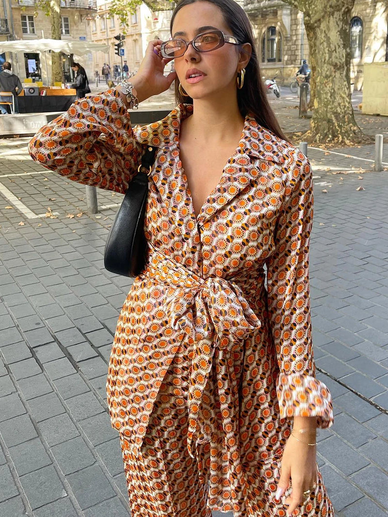 Turn-Down Collar Pajama Sleepwear Wide Leg Pants