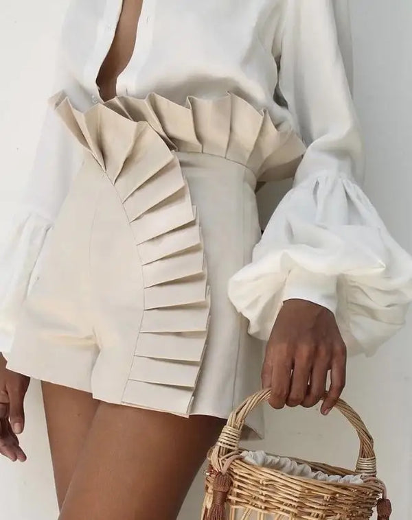 Solid Color Ruffled Ruched High Elastic Waist Shorts