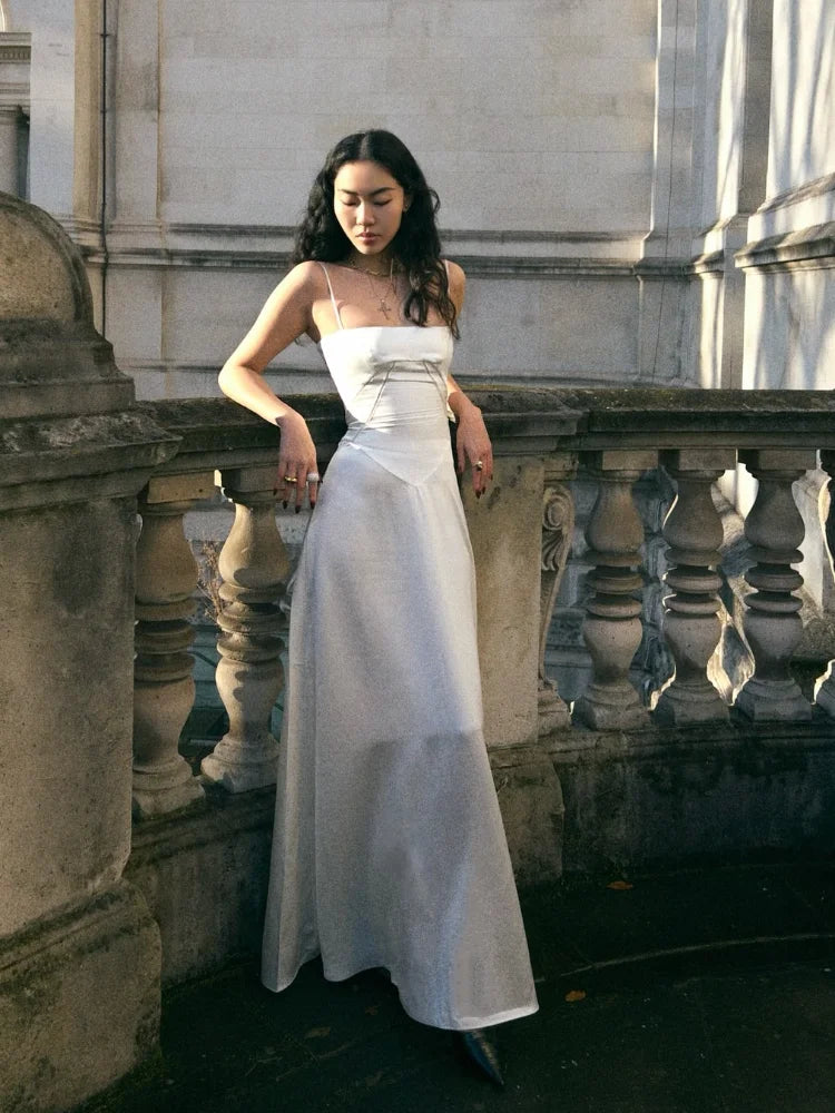 White Flowers Long Knit Slip Dress Chic Elegant Backless