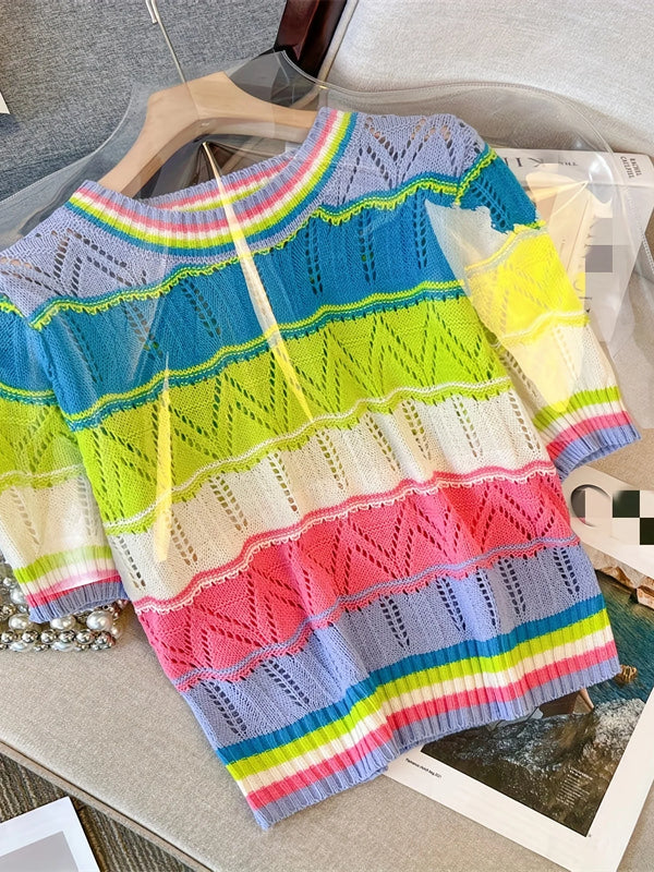 Rainbow Striped T-shirt Casual Crew Neck Short Sleeve