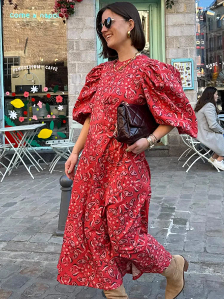 Boho Short Sleeve Round Neck High Waist Slim Fit Maxi Dress