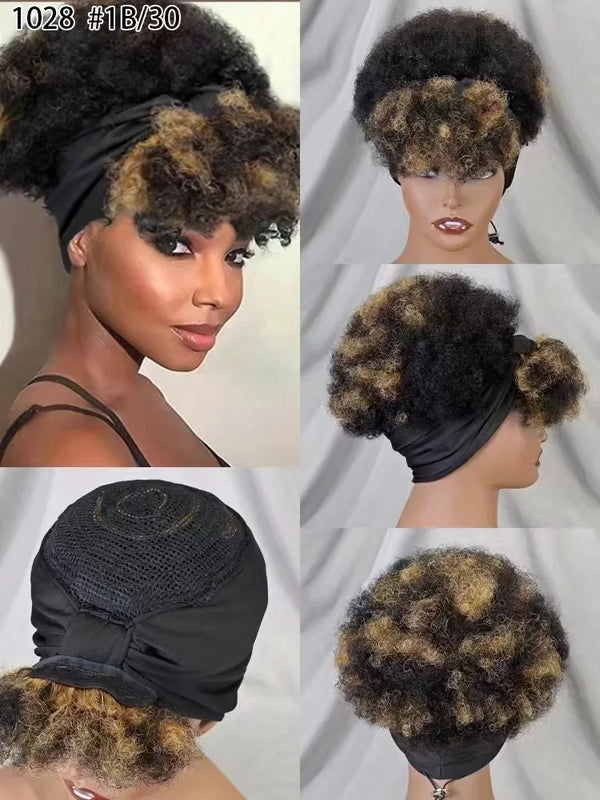 Afro Kinky Curly Scarf Wigs with Bangs Wig Bouncy Curly Human Hair Wig 200%