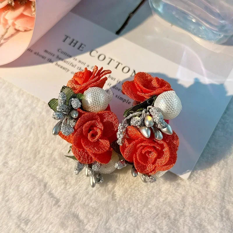 Charm Crystal Cubic Zircon Fabric Flower Big Earrings