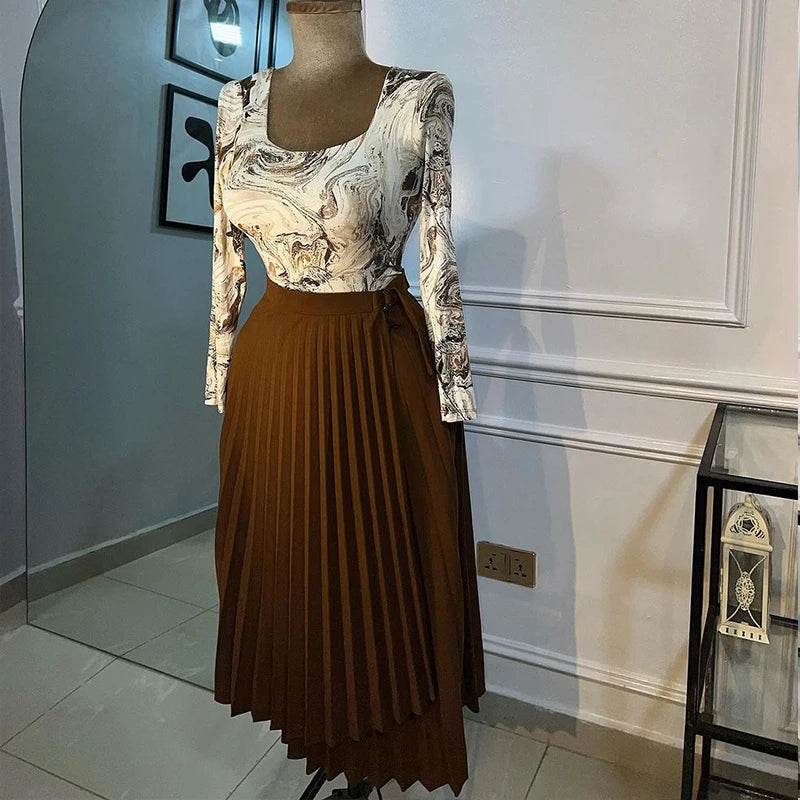 Elegant Pleated Irregular High Waist Buckle Mid-length A-line Skirts