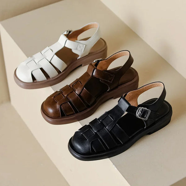 Leather Retro T-strap Woven Cutout Buckle Sandal Shoes