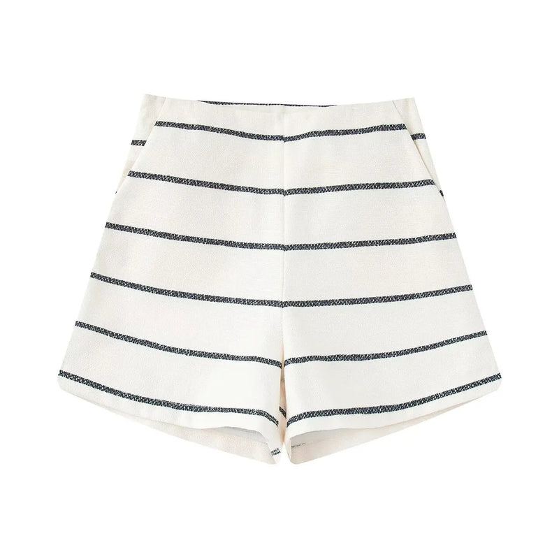 Striped Single-breasted Lapel Half Sleeves Tops Loose High Waist Short