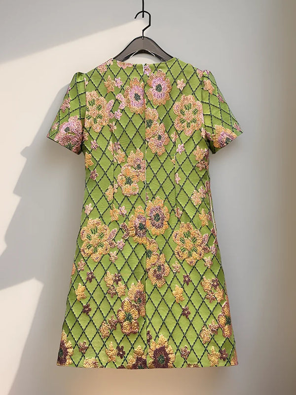 Luxury Beaded Embroidery Short Sleeve Gold Foil A-Line Dress