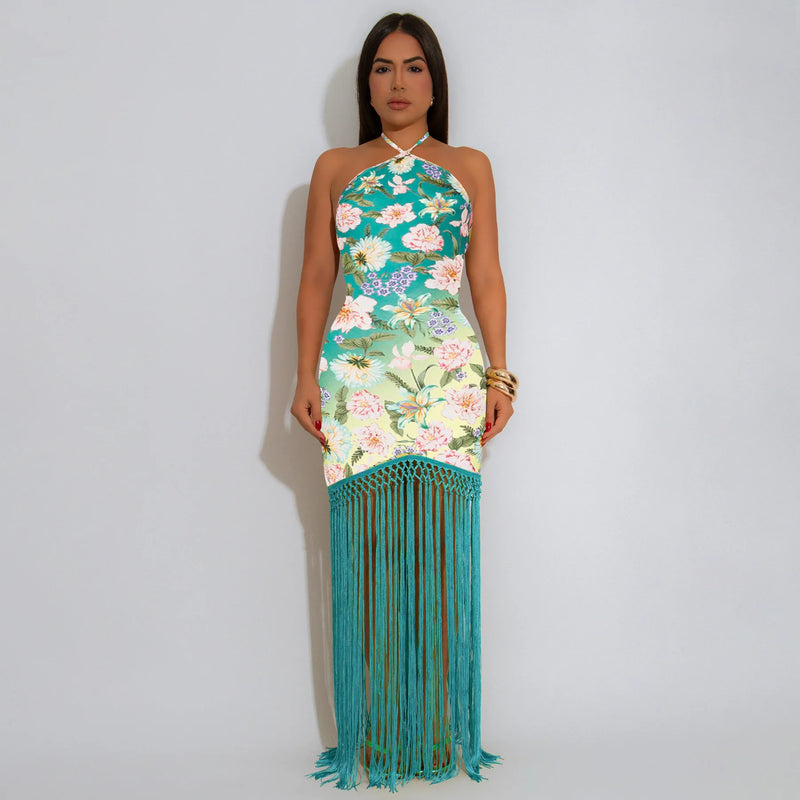Tassel Tierred Strap Print Backless Maxi Long Dress