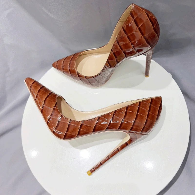 Tikicup Brown Crocodile Effect Pointy Toe High Heel