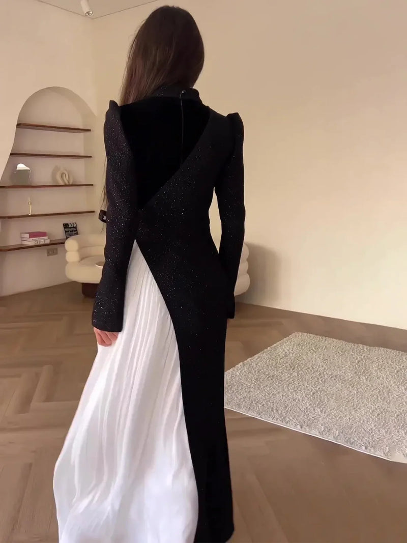 Pleated Long Sleeve High Waist Dress