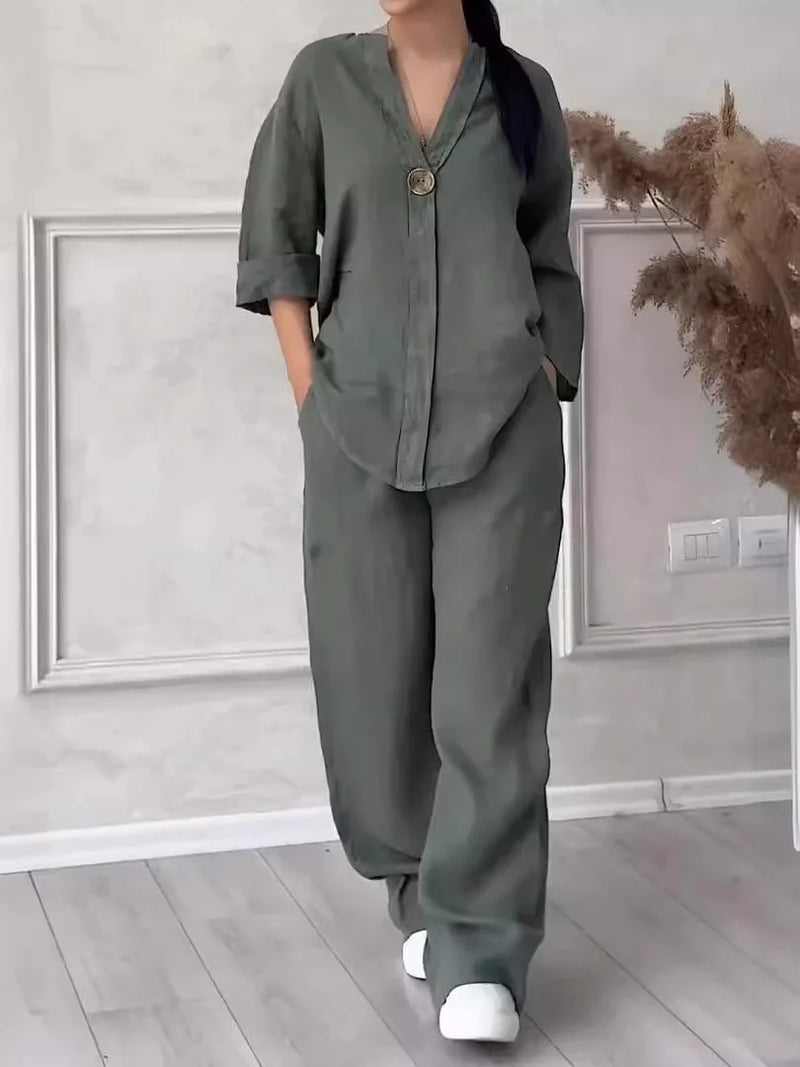 Cotton Linen Long Sleeve Button Loose Blouse Shirt & High Elastic Wide Leg Loose Pant