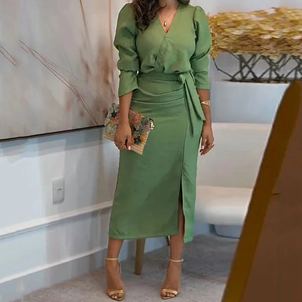 Sleeve V Neck Nipped Waist Slit Irregular Lace Up Dress