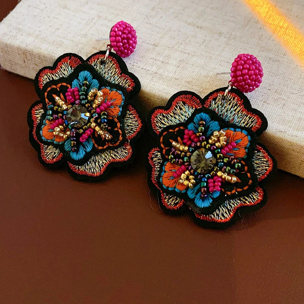 Colorful Rice Beads Embroidered Flower Earrings