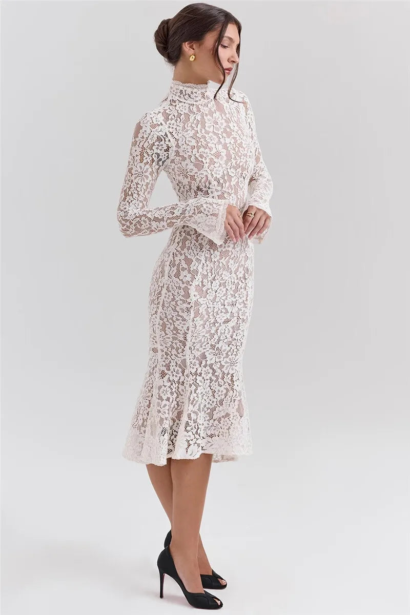 Elegant White Half High Collar High Waist Lace Long Sleeve Dress