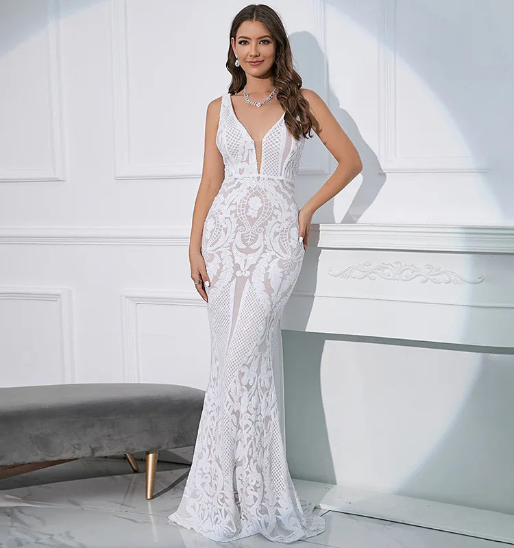 Spaghetti V-neck Cocktail Sequin Mermaid Backless Dress