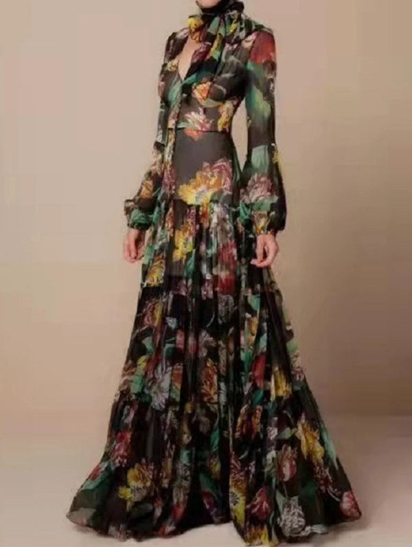 Elegant Floral Print Lantern Long Sleeve Chiffon Dress