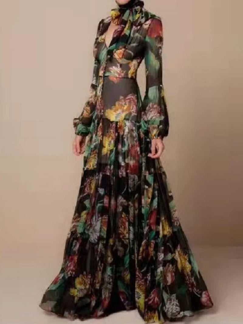 Elegant Floral Print Lantern Long Sleeve Chiffon Dress