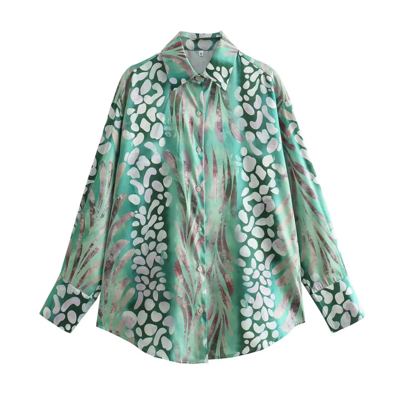 Print Satin Top and Skirt Zipper High Waist