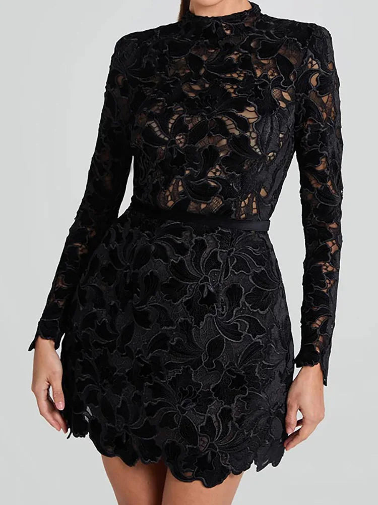 Hollow Out Mini Long Sleeve O Neck Dress