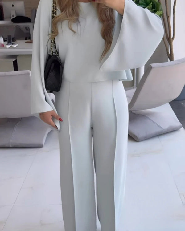 Round Neck Bell Sleeve Top and Casual Loose Fit Pants