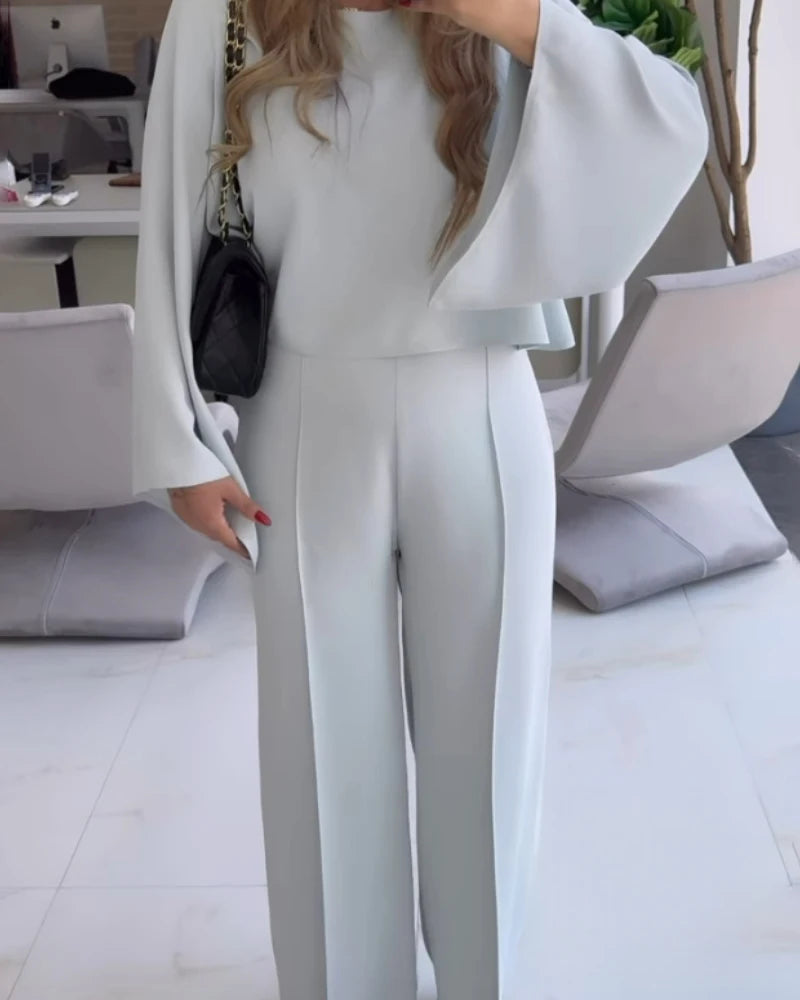 Round Neck Bell Sleeve Top and Casual Loose Fit Pants