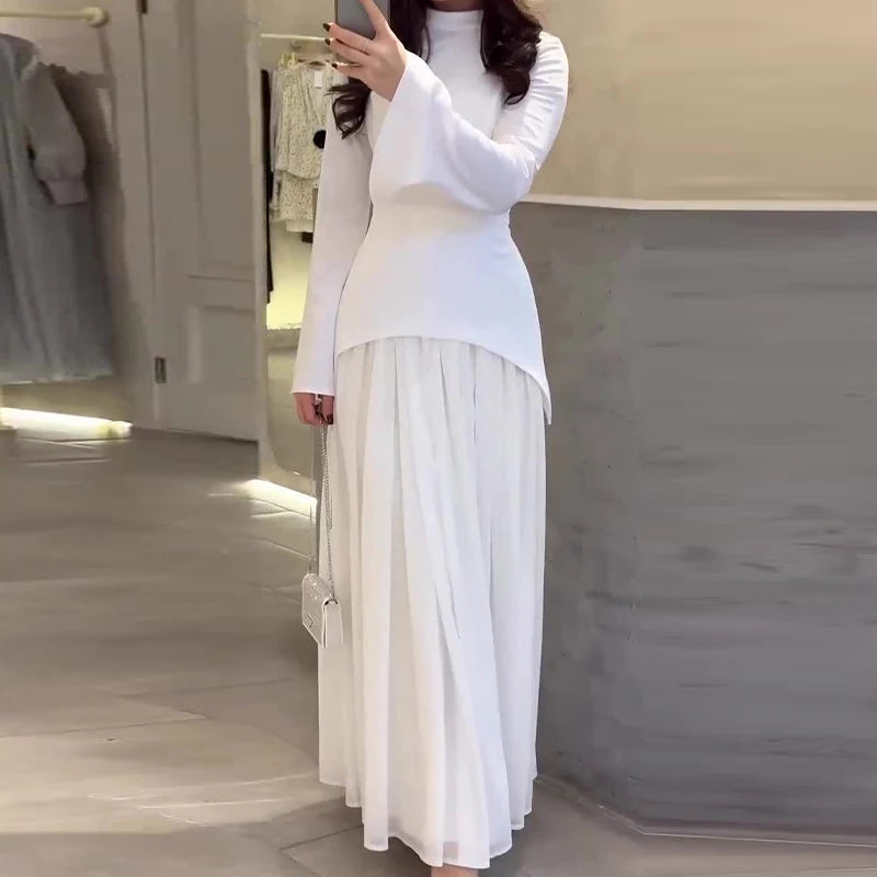 Elegant Crew Collar Long Sleeve Lace Up Dress