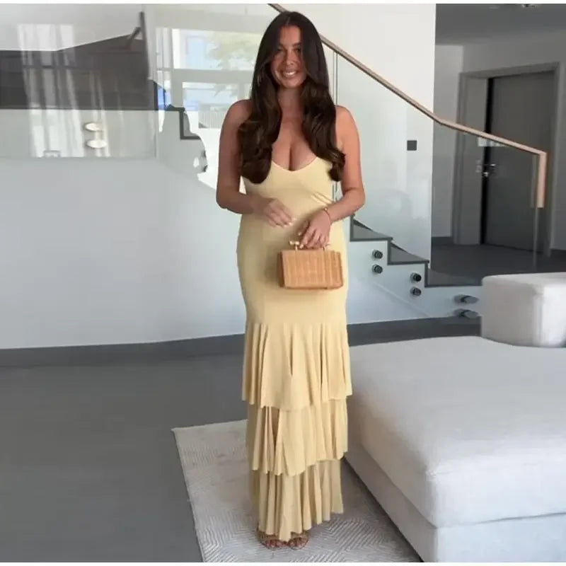 Cascading Ruffles Long V-neck Sleeveless Backless Dress