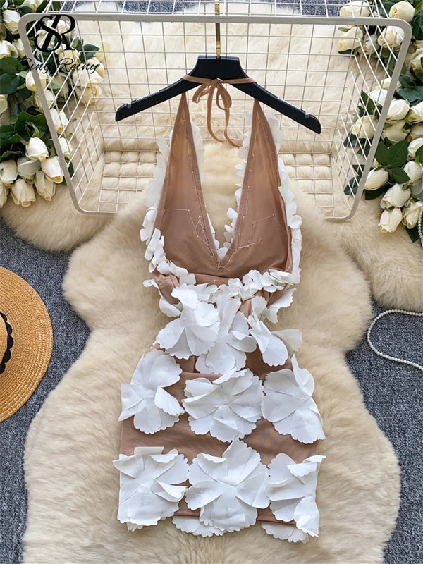 3D Floral Halter Sleeveless Backless Short Cocktail Sundress