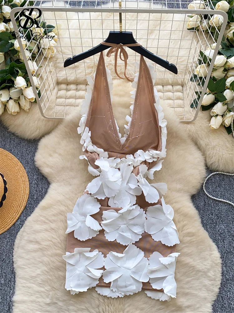 3D Floral Halter Sleeveless Backless Short Cocktail Sundress