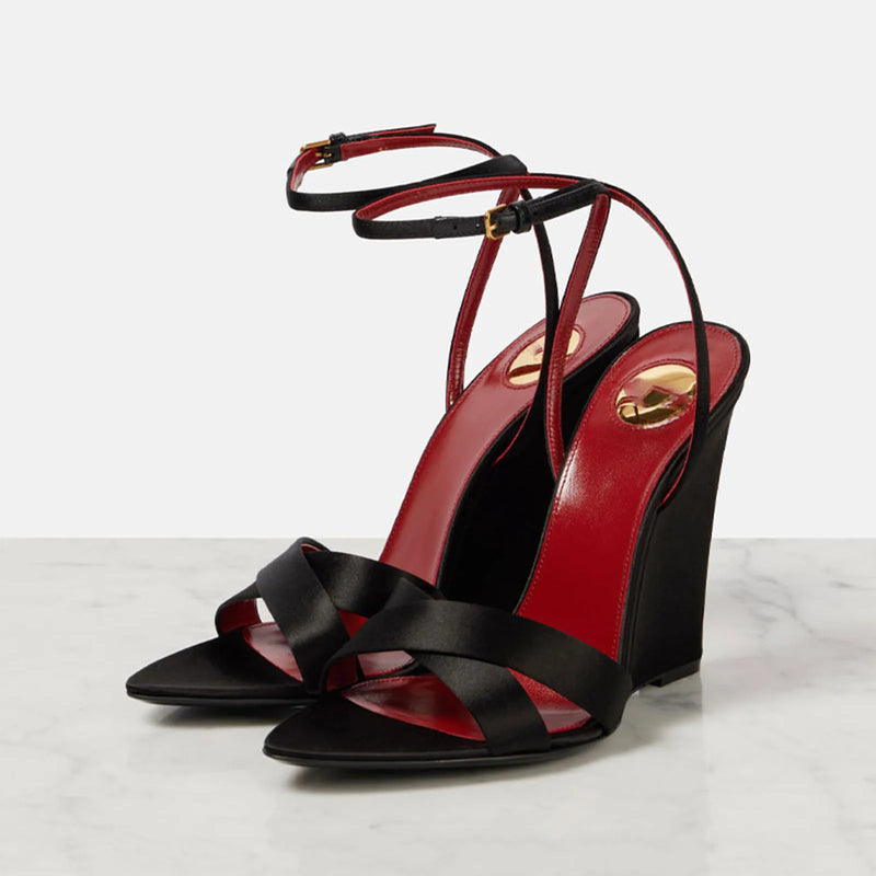 Satin Wedges Round Toe Belt buckle high heel