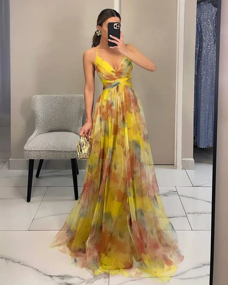 Elegant Floral Suspender Long Dress