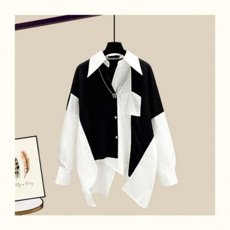 Splicing Shirt+Elastic Waist Wide Leg Pants Two Piece