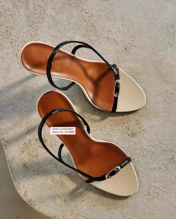 Beige Black Snakeskin Patchwork Sandals
