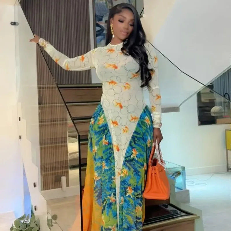 Patchwork A-Line Mesh O-Neck Long Sleeve Belted Waist Dress