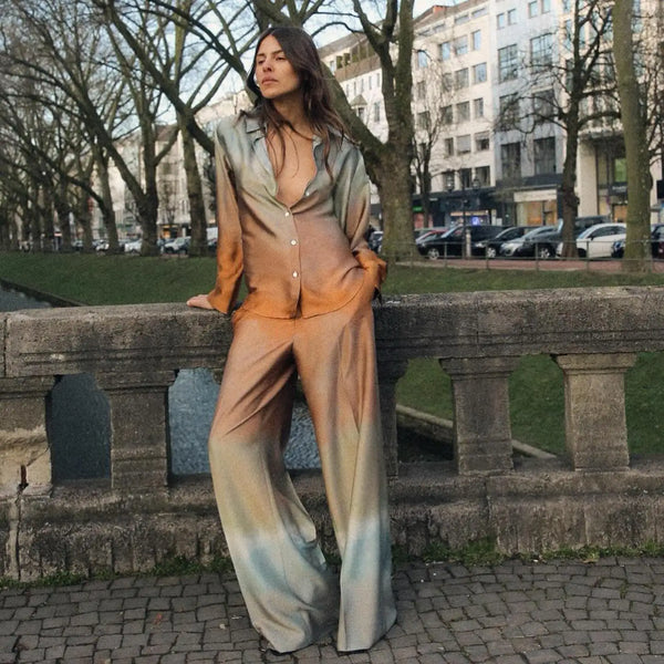 Tie Dye Gradient Print Loose Shirts Top Wide Leg Pants