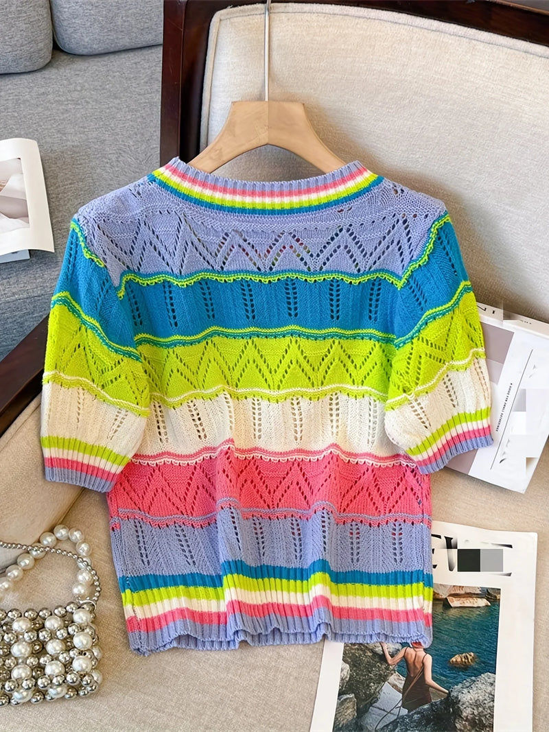 Rainbow Striped T-shirt Casual Crew Neck Short Sleeve