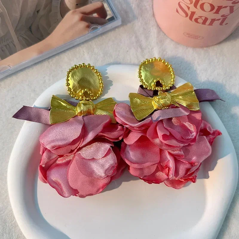 Charm Crystal Cubic Zircon Fabric Flower Big Earrings