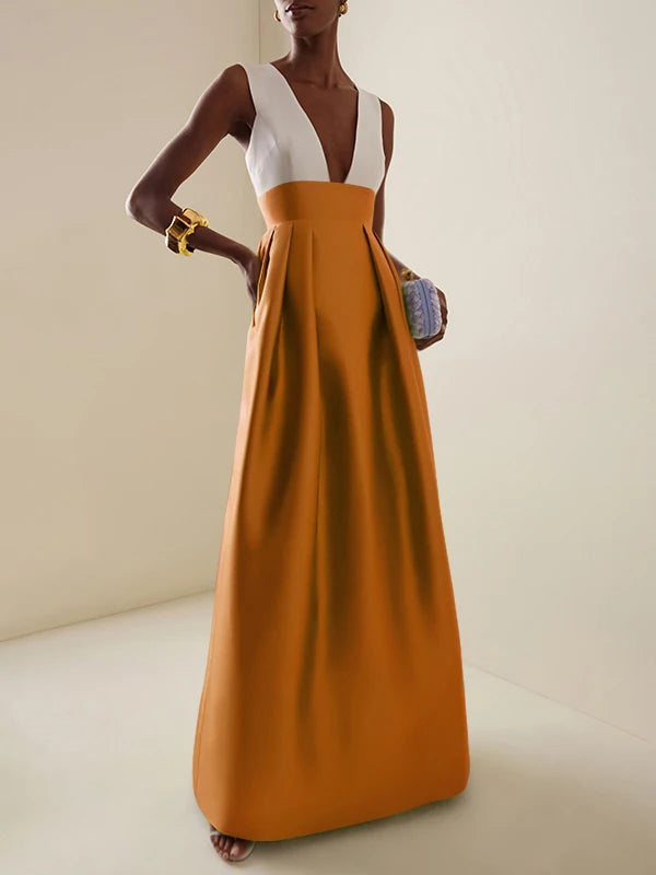 Elegant Cocktail High Waisted Deep V-Neck Dress