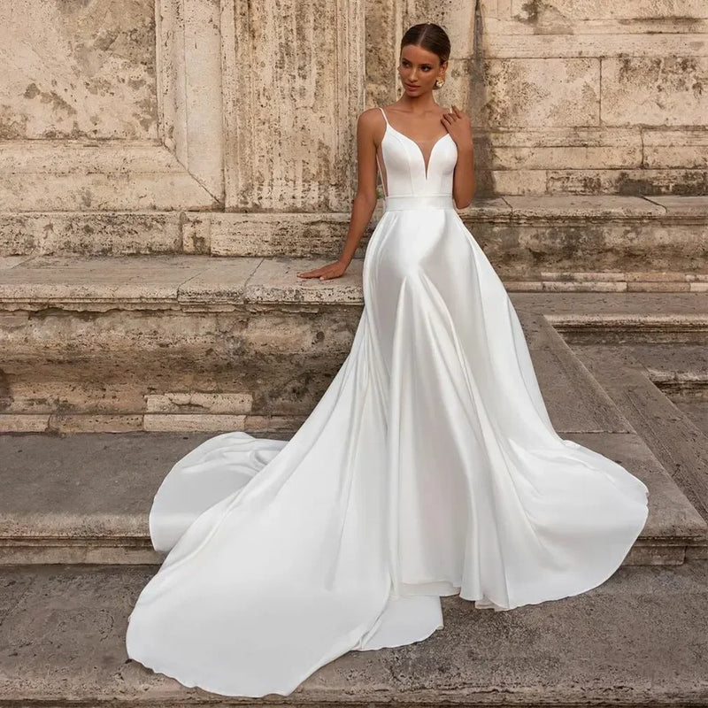 Elegant Long V Neck Satin Sleeveless with Bow A Line Dress