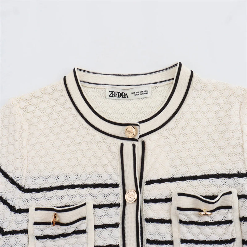 Round Neck Stripes Short Woolen Sweater Top Half Length Skirt Set