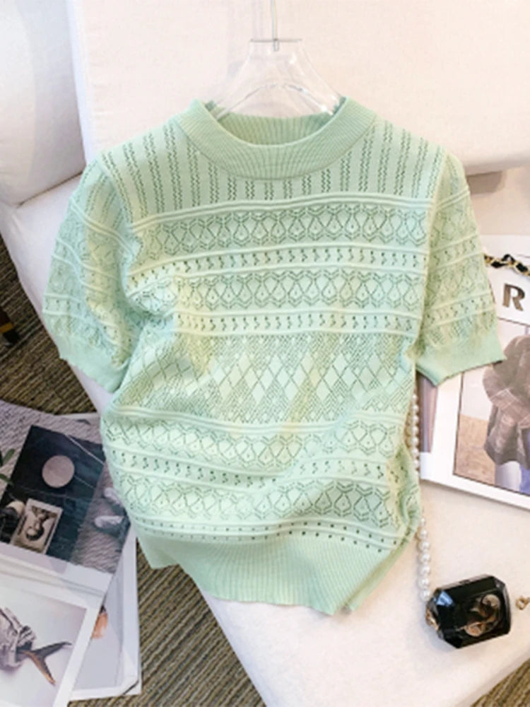 Summer Crew Neck Pullover Sweater Versatile Short Sleeve