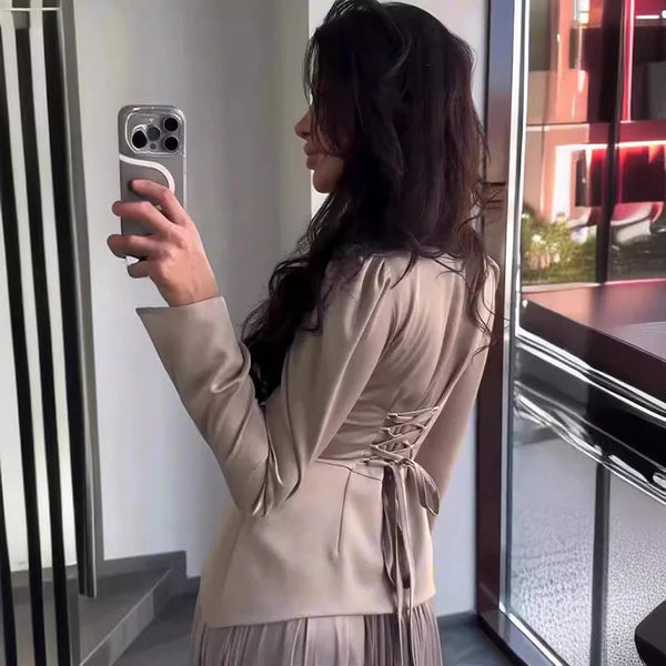 Elegant Crew Collar Long Sleeve Lace Up Dress