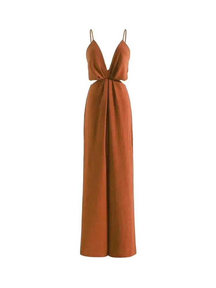 Pleated Wide Leg Jumpsuits, Sexy Backless With Zipper,