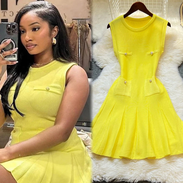Summer Pleated O-neck Slim Waist A-line Dress